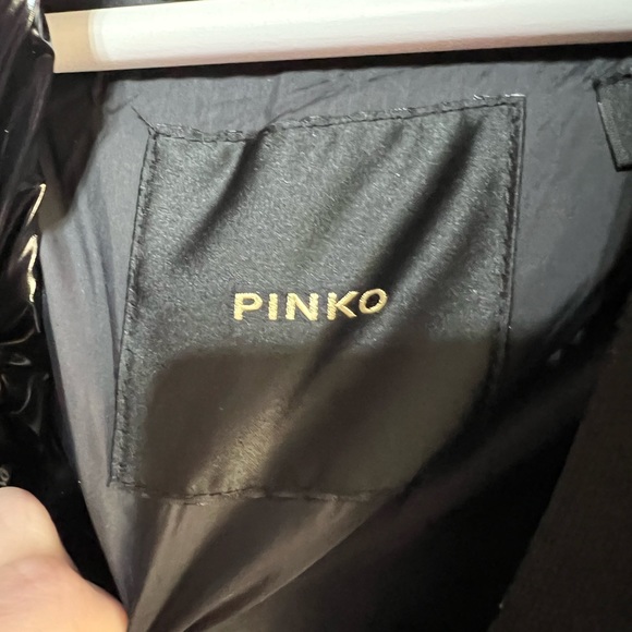 PINKO shiny black belted hooded coat - Picture 7 of 8